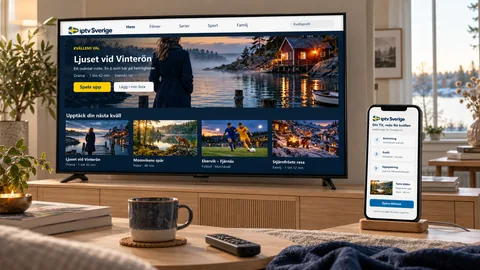 TV och mobil med en installationsguide i ett ljust vardagsrum