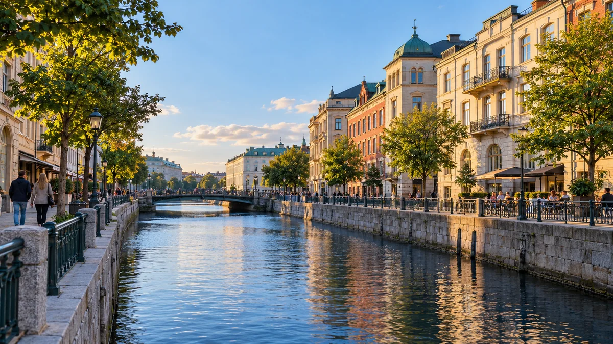 Kanal i Göteborgsstil med stenfasader, träd längs kajen och en låg bro