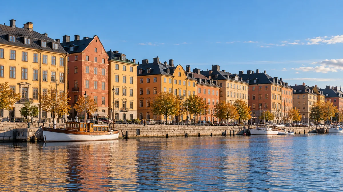 Strandpromenad i Stockholmsstil med färgglada stenhus och båtar vid kajen i kvällssol