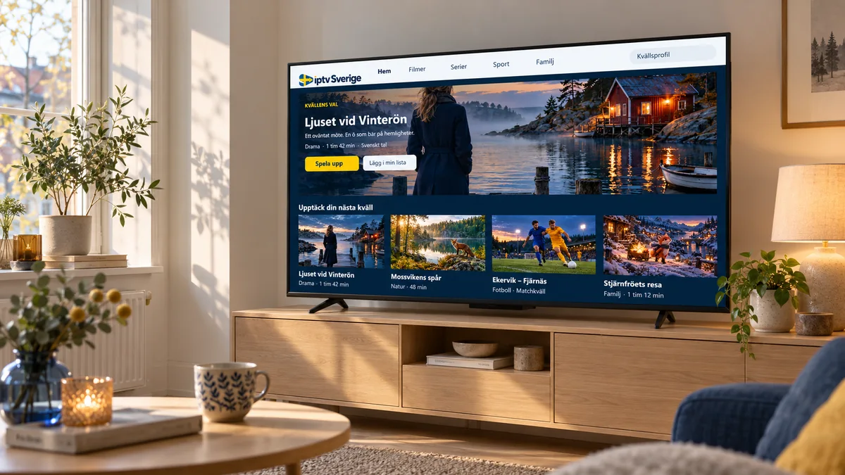 Smart TV i ett ljust svenskt vardagsrum som visar iptv Sveriges bibliotek med drama, natur, sport och familjefilm