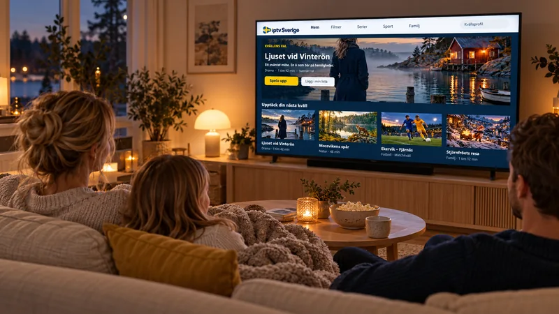 En familj i soffan som tittar på TV en kväll i ett varmt upplyst vardagsrum