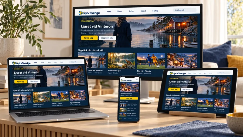 Samma streamingbibliotek på TV, bärbar dator, surfplatta och mobil på ett ljust skrivbord