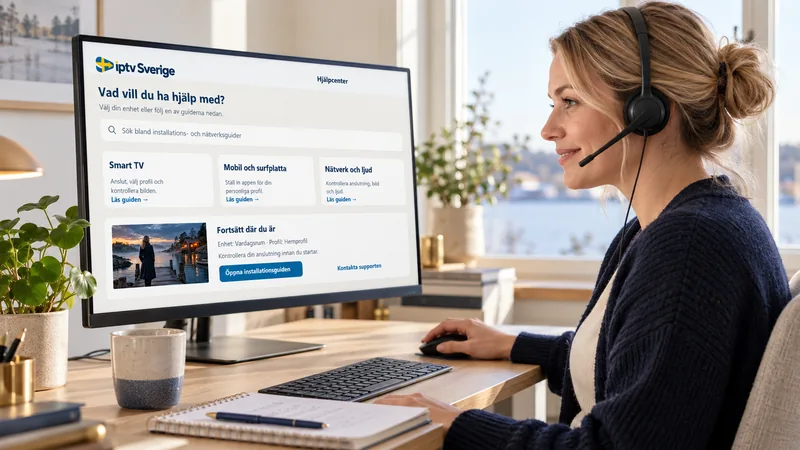 Supportmedarbetare med headset framför en skärm med iptv Sveriges hjälpcenter