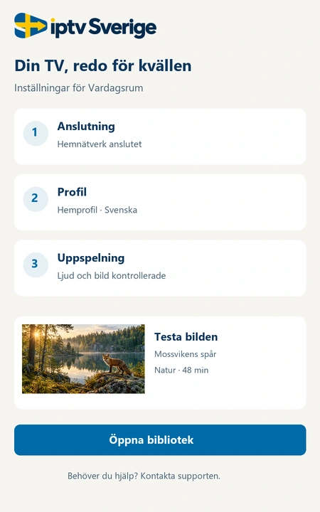 Installationsguide i mobilen med stegen anslutning, profil och uppspelning