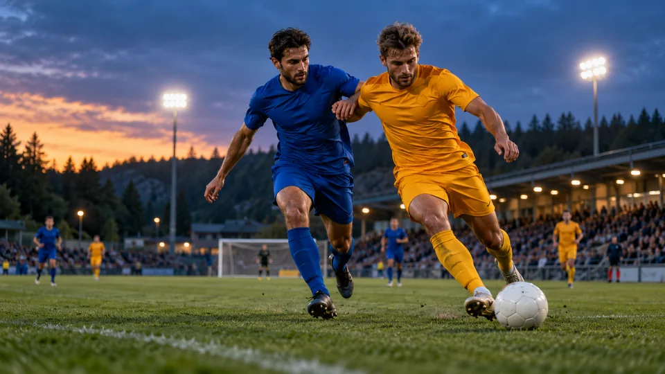 Två fotbollsspelare i blått och gult kämpar om bollen på en upplyst arena, exempelbild för sport
