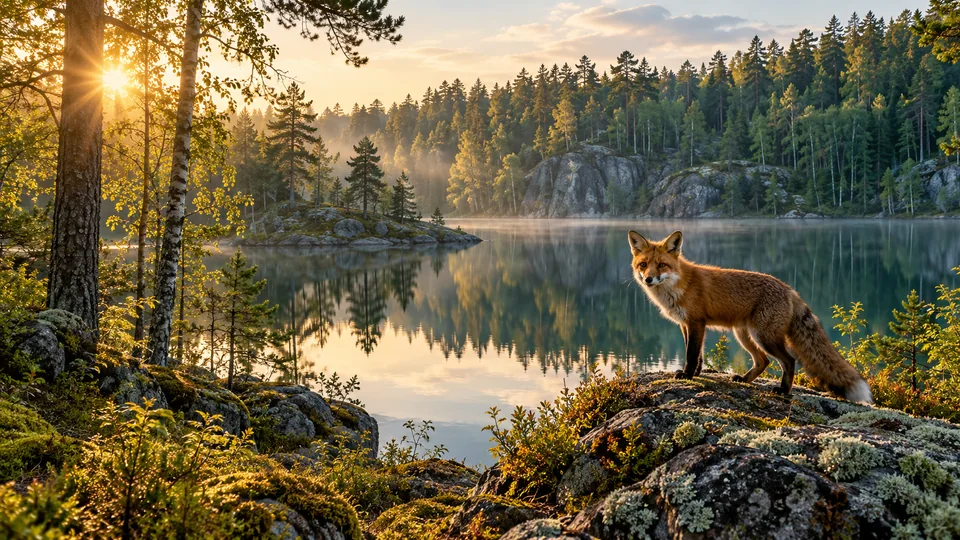 Räv vid en skogssjö i morgonljus, exempelbild för natur och dokumentär