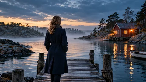 Kvinna på en brygga vid ett upplyst båthus i skymningen – fiktiv exempelbild för drama