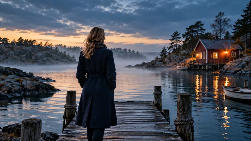 Kvinna på en brygga vid ett upplyst båthus i skymningen, exempelbild för drama