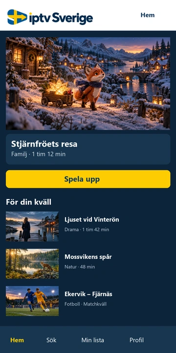Mobilappens startsida med en familjefilm överst och fler förslag för kvällen