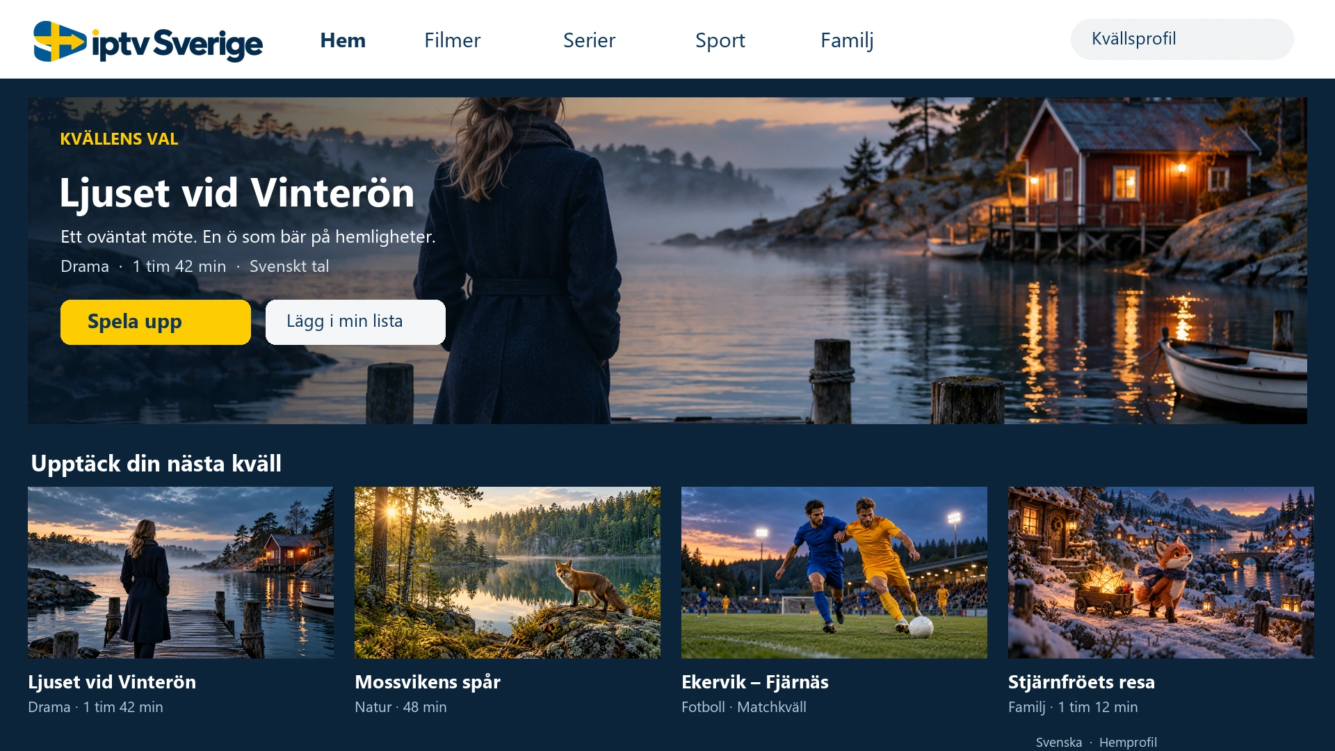 Appens startsida med svenska menyer och rader för drama, natur, sport och familj