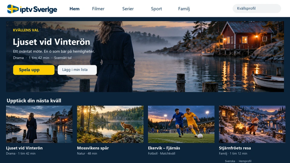 Appens startsida med svenska menyer och rader för drama, natur, sport och familj