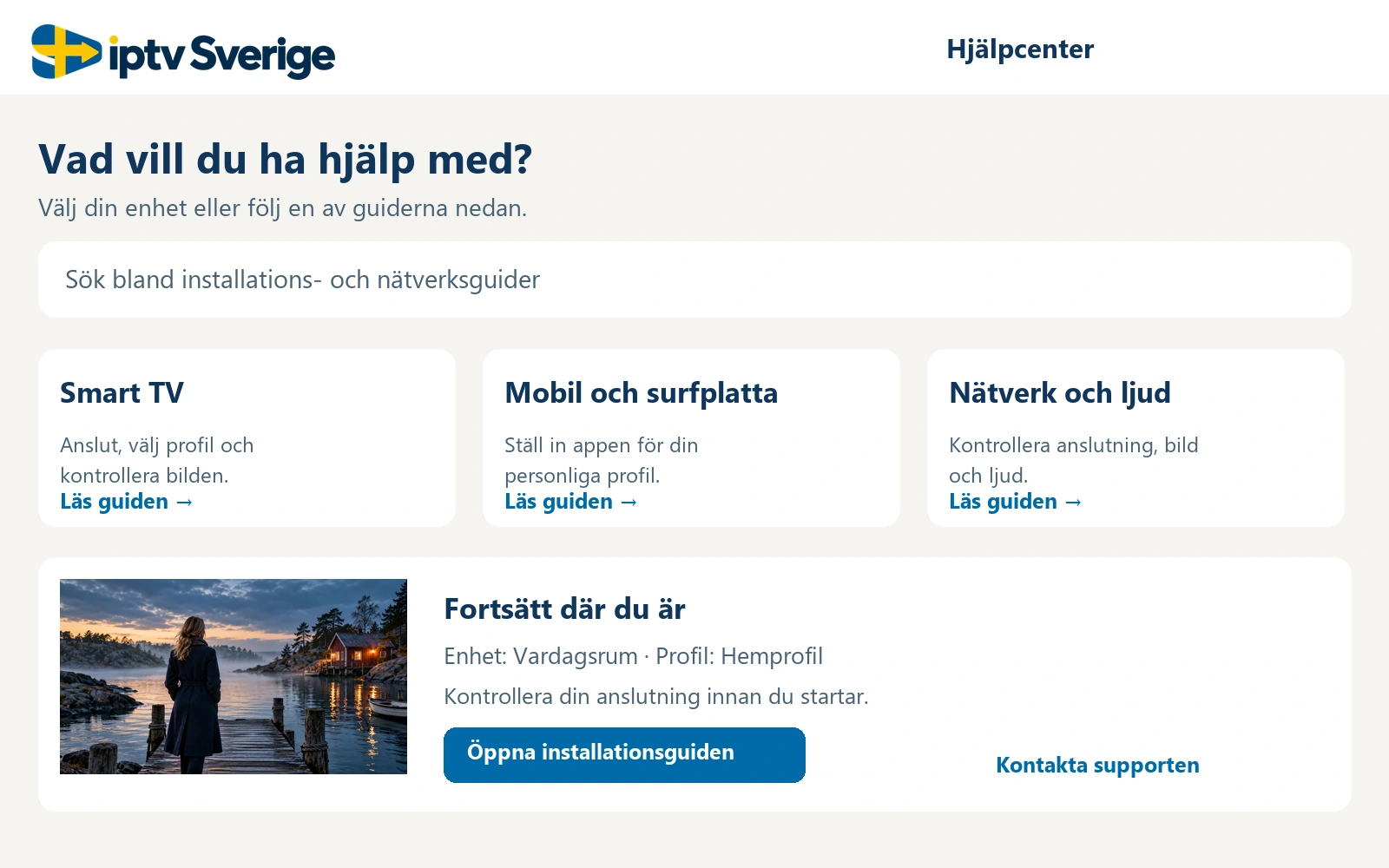 Hjälpcenter med guider för Smart TV, mobil och surfplatta samt nätverk och ljud
